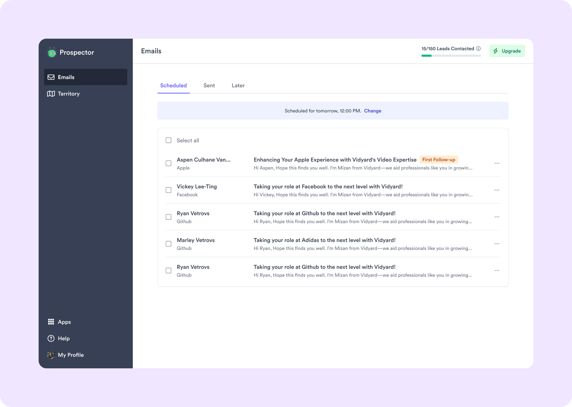 The Emails page — Scheduled, Sent, and Later tabs, with the next-send banner (Scheduled for tomorrow, 12:00 PM. Change) above the queued emails
